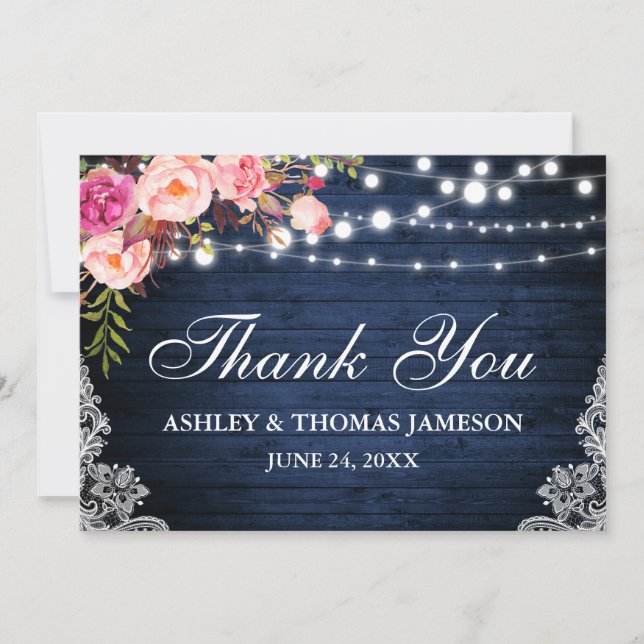 Carte De Remerciements Mariage Rustique Bleu Bois Rose Lumières Florales  (Devant)