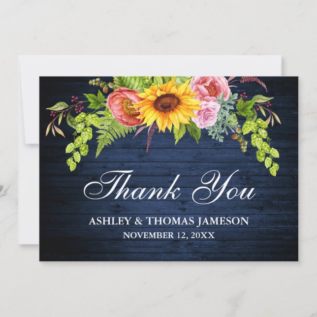 Carte De Remerciements Mariage rustique bleu bois tournesol floral (Devant)