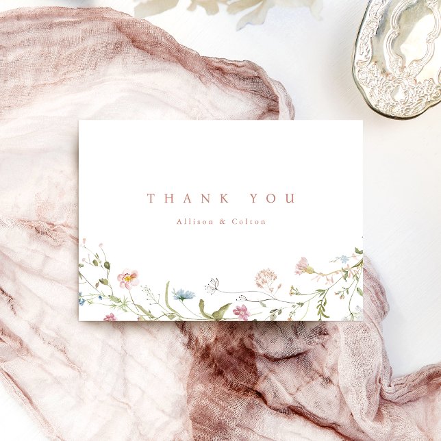 Carte De Remerciements Mariage rustique bohème élégant aux fleurs sauvage (Elegant Dusty Pink Wildflower Rustic Boho Wedding Thank You Card)