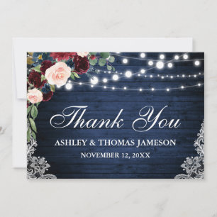 Carte De Remerciements Mariage rustique bois bleu burgundy floral