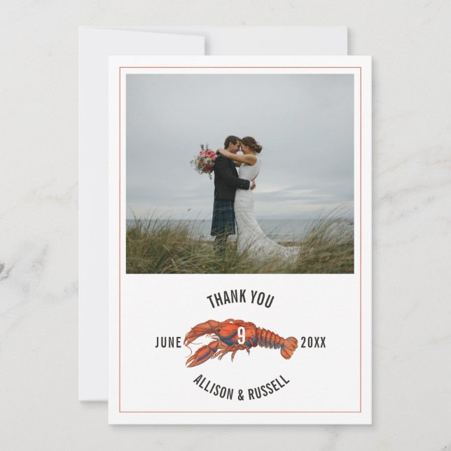 Carte De Remerciements Mariage rustique côtier au thème du homard gingham (Devant)