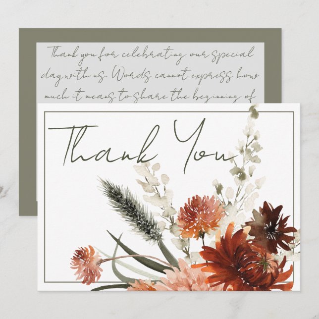 Carte De Remerciements Mariage Rustique de fleurs de rouille en terre cui (Devant / Derrière)