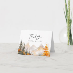 Carte De Remerciements Mariage rustique de montagne en forêt de pins en a