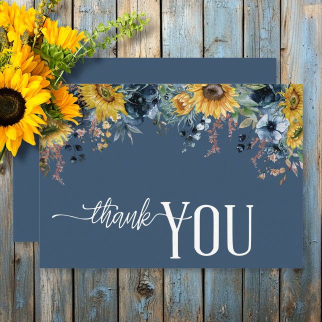 Carte De Remerciements Mariage Rustique Dusty Blue Sunflowers (Rustic Dusty Blue Sunflowers Wedding Thank You Card)