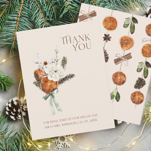 Carte De Remerciements Mariage Rustique Orange Slices Fleurs blanches (Winter Orange Slices Dried Citrus Cinnamon Wedding Thank You Card)