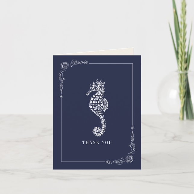 Carte De Remerciements Mariage Rustique Seahorse Dark Blue Beach (Devant)