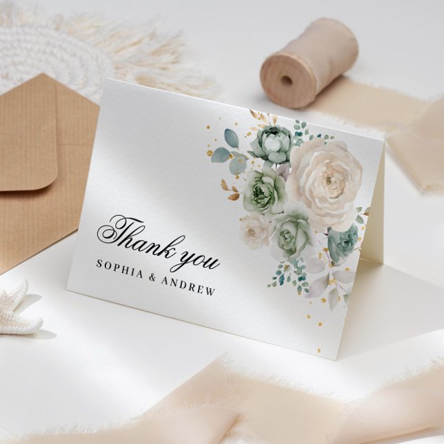 Carte De Remerciements Mariage Sage Green & White Flowers (Créateur téléchargé)
