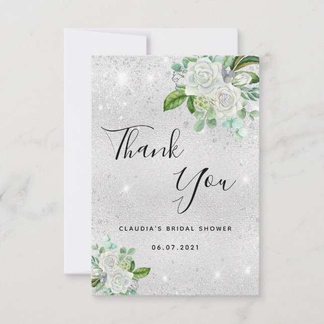 Carte De Remerciements Mariage Shower pailleté d'argent fleurs blanches (Devant)