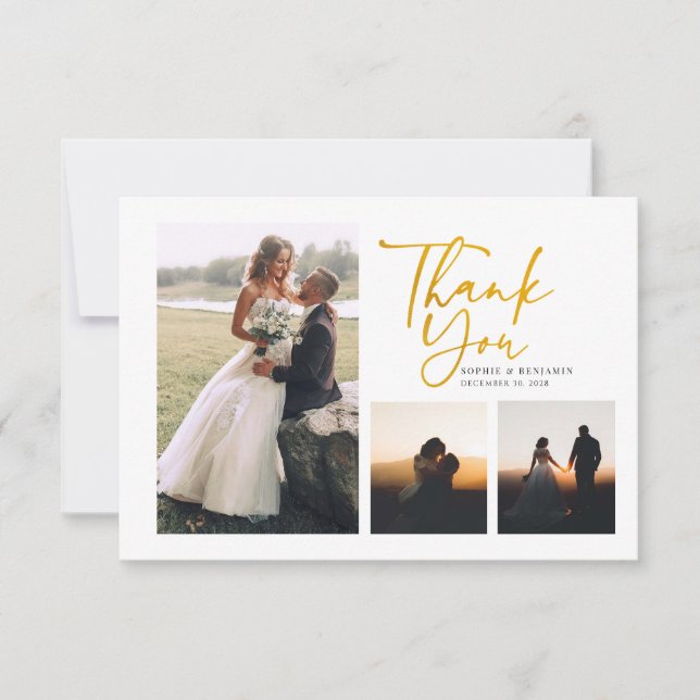 Carte De Remerciements Mariage simple à main en or (Devant)