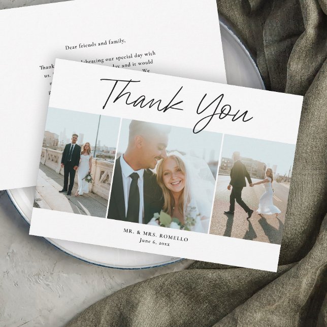 Carte De Remerciements Mariage simple photo 3 écriture moderne (Modern Script Wedding 3 Photo Thank You Cards.)