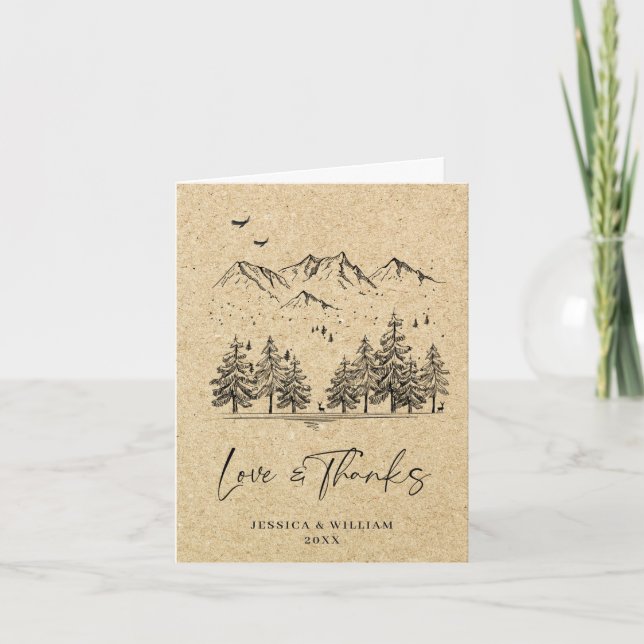 Carte De Remerciements Mariage simulé Kraft Paper Forest Mountains (Devant)