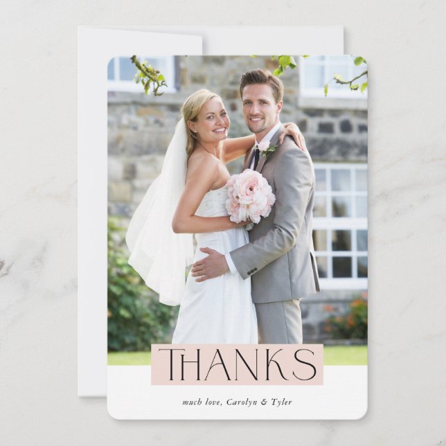 Carte De Remerciements MARIAGE THANKS photo moderne chic serif bleu rose (Devant)