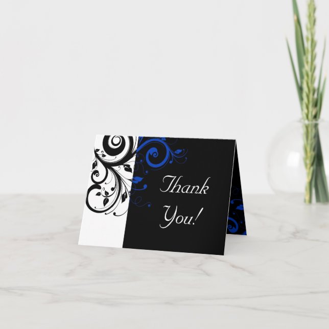 Carte De Remerciements Mariage Tourbillon Noir/Blanc/Bleu Cobalt (Devant)