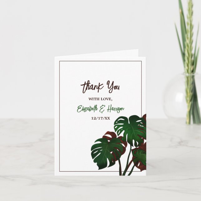 Carte De Remerciements Mariage tropical de la plage de Monstera (Devant)