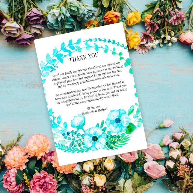 Carte De Remerciements Mariage turquoise de la couronne de fleurs d'aquar (Créateur téléchargé)