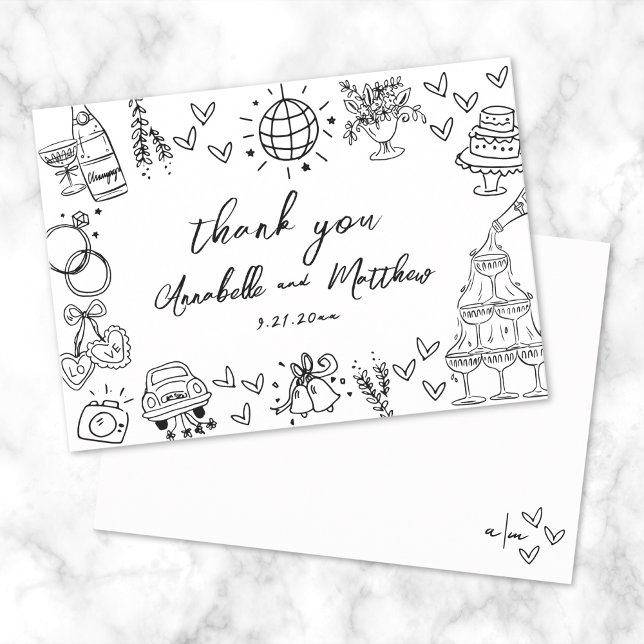 Carte De Remerciements Mariage Whimsical tiré à la main (Hand Drawn Whimsical Wedding Thank You Card)