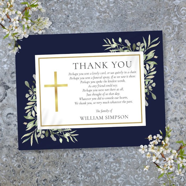Carte De Remerciements Marine Bleu Vert Cérémonie de l'enterrement chréti (Navy Blue Greenery Christian Funeral Poem Thank You Card)
