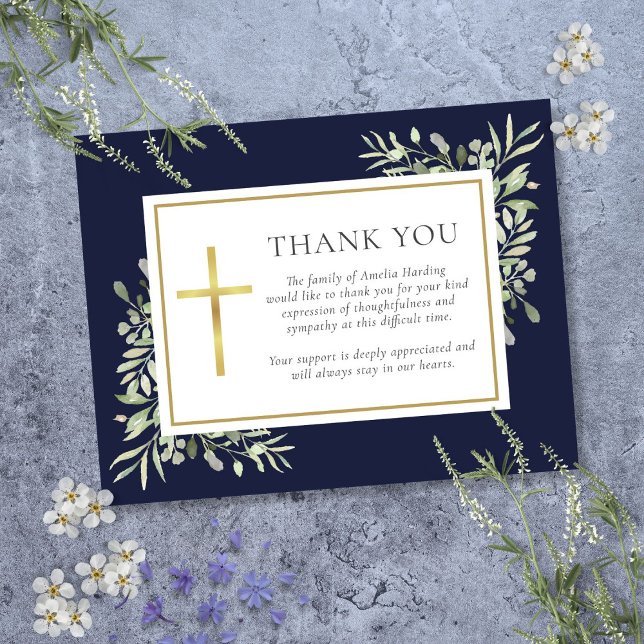 Carte De Remerciements Marine Bleu Vert Funérailles chrétiennes (Navy Blue Greenery Christian Funeral Thank You Card)