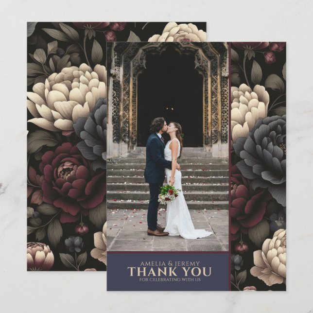 Carte De Remerciements Marine Blue & Burgundy Moody Floral (Devant / Derrière)
