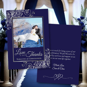 Carte De Remerciements Marine Blue & Silver Curls Photo & Note Mariage