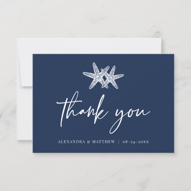 Carte De Remerciements Marine Blue Starfish Modern Script Beach Mariage (Devant)