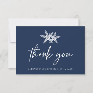 Carte De Remerciements Marine Blue Starfish Modern Script Beach Mariage