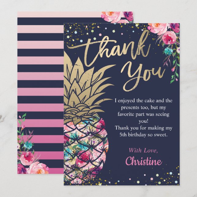 Carte De Remerciements Marine Blue Tropical Rose Or Ananas Floral (Devant / Derrière)