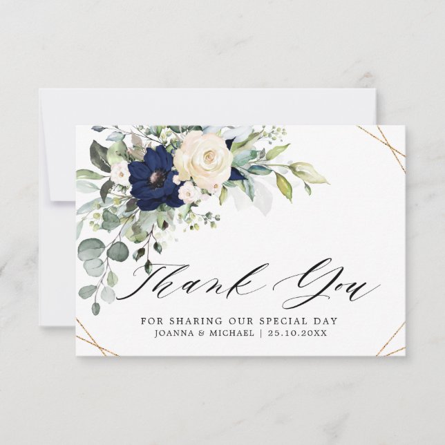 Carte De Remerciements Marine Blush Floral Greenery Mariage géométrique (Devant)