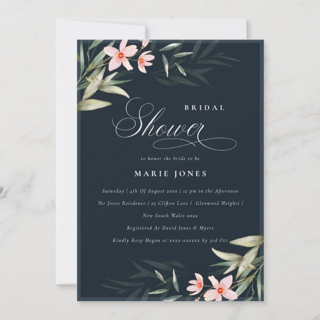 Carte De Remerciements Marine Blush Greenery Floral Fête des mariées Invi (Devant)