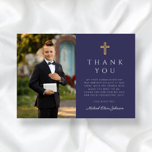 Carte De Remerciements Marine Croix Bleue Boy Photo First Communion