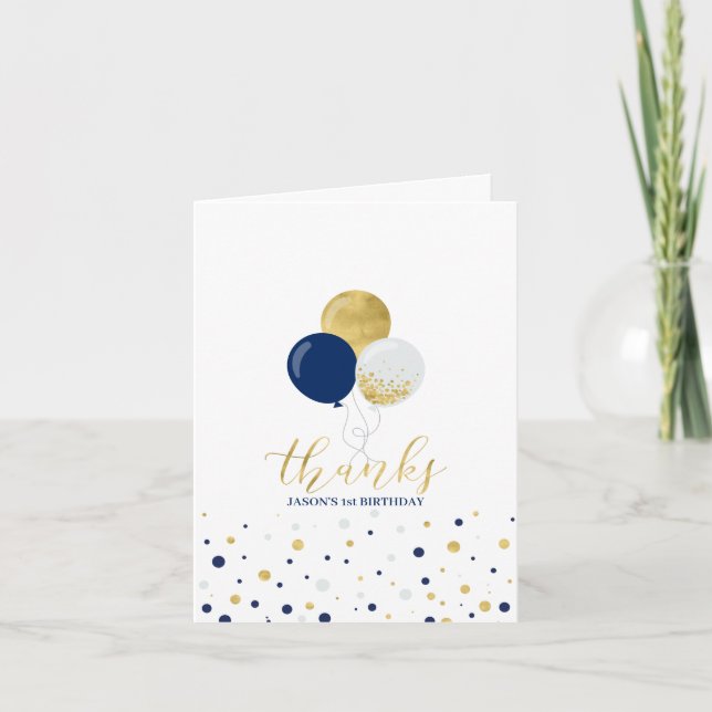 Carte De Remerciements Marine & Gold Balloons 1er Garçon Anniversaire Mer (Devant)
