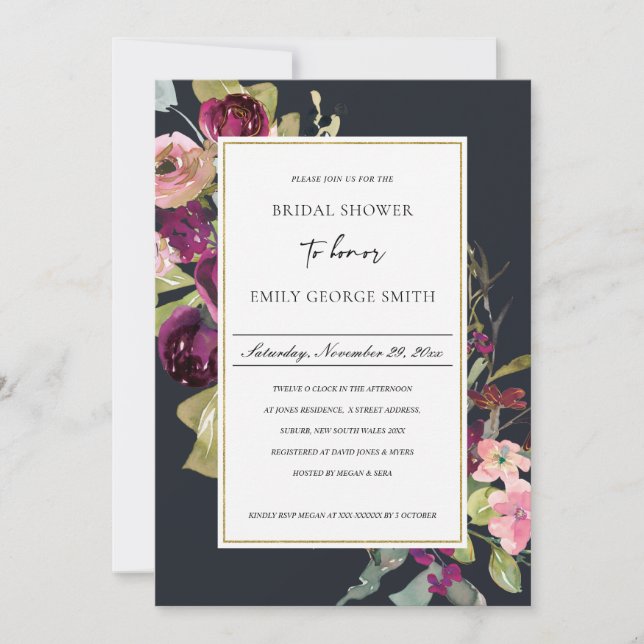 CARTE DE REMERCIEMENTS MARINE GOLD ROSE ROSE ROSE FLORA BRIDAL INVITE (Devant)