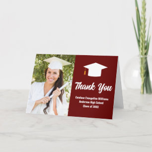 Carte De Remerciements Maroon Blanc Diplômé Photo Chic Graduation Plié