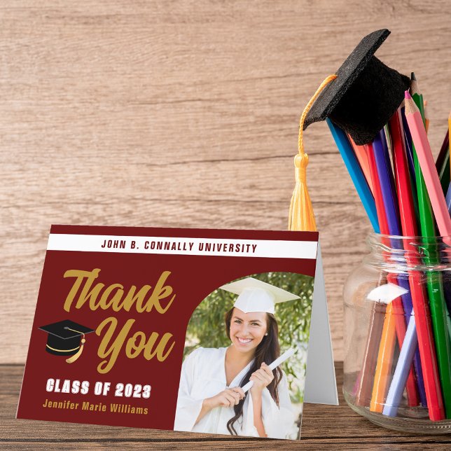 Carte De Remerciements Maroon Gold Diplômé Photo Chic Graduation Plié (Créateur téléchargé)
