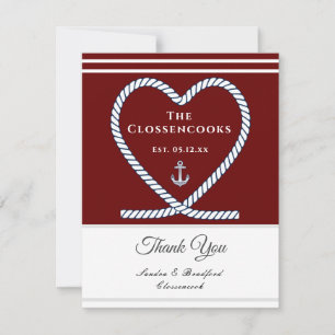 Carte De Remerciements Maroon Red Corde nautique Coeur Ancre Mariage