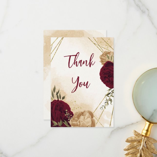 Carte De Remerciements Maroon vert beige or botanique mariage (Devant/Arrière en situation)