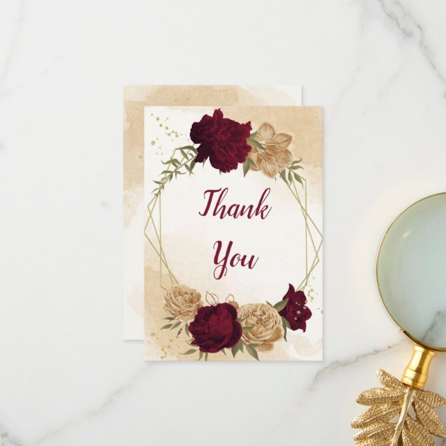 Carte De Remerciements Maroon vert beige or botanique mariage (Devant/Arrière en situation)