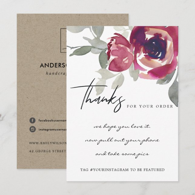 CARTE DE REMERCIEMENTS MARSALA RED ROSE FLORAL ENTREPRISE LOGO (Devant / Derrière)