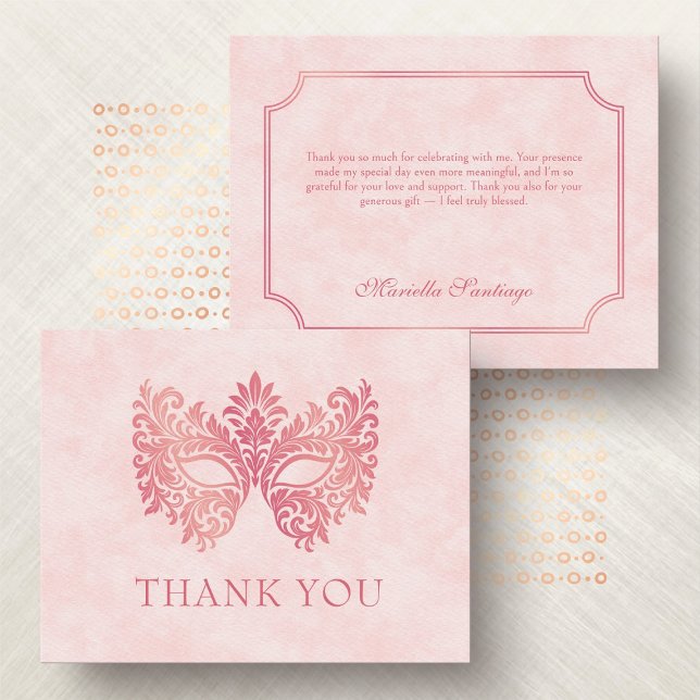 Carte De Remerciements Mascarade rose Mascarade Masque élégant Quinceaner (Créateur téléchargé)
