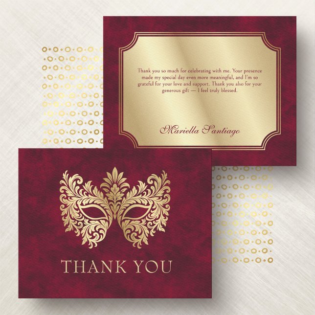 Carte De Remerciements Mascarade rouge Masque élégant Quinceanera (Créateur téléchargé)