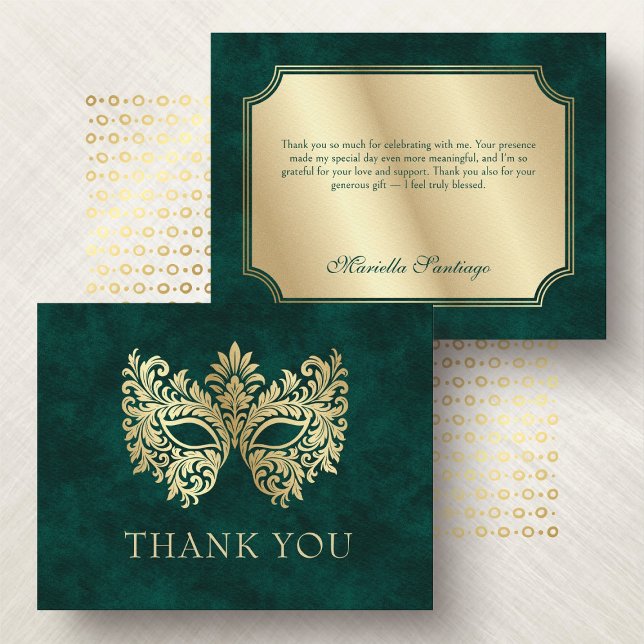 Carte De Remerciements Mascarade verte Masque élégant Quinceanera (Créateur téléchargé)
