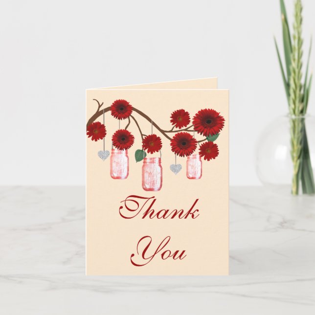 Carte de remerciements Mason Jars aux fleurs rouge (Devant)