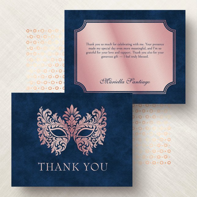Carte De Remerciements Masque de bal masqué élégant Quinceanera rose (Créateur téléchargé)