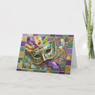 Carte De Remerciements Masque Mardi Gras Gold & Green en plumes colorées