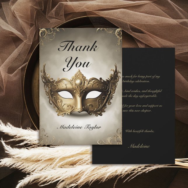 Carte De Remerciements Masquerade Antique Venise Masque Chic 50e annivers (masquerade birthday party thank you card venetian mask carnival antique elegant classy)