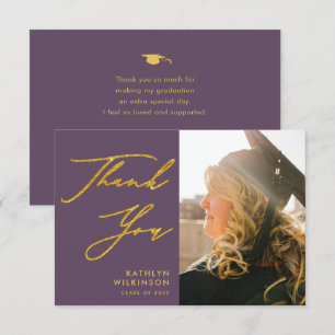Carte De Remerciements Mauve Elegant Gold Script Photo Graduation