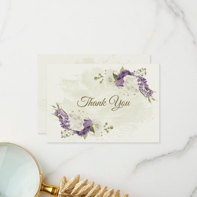Carte De Remerciements mauve fleurs blanches verdure mariage (Devant/Arrière en situation)