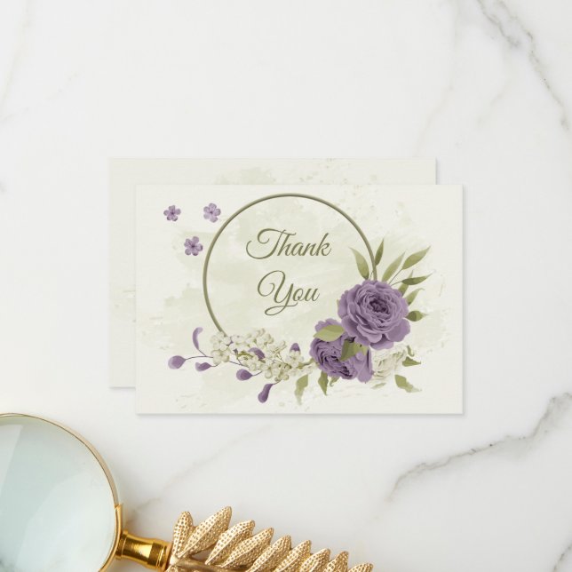 Carte De Remerciements mauve fleurs blanches verdure mariage (Devant/Arrière en situation)