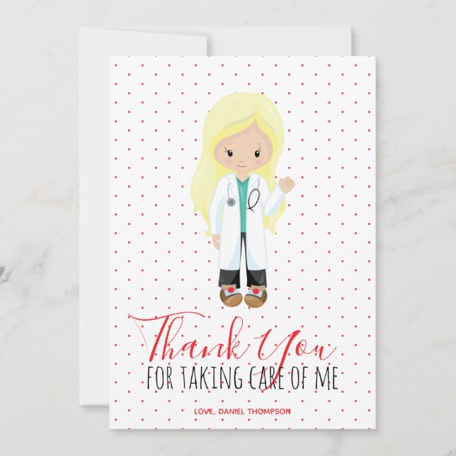 Carte De Remerciements Médecin Blonde Docteur Typographie Rouge Pointe (Devant)