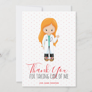 Carte De Remerciements Médecine Ginger Femme docteur Red Script Polka Dot
